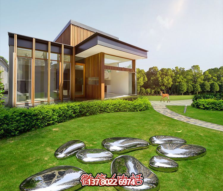 高端室內草坪裝飾，不銹鋼雕塑鏡面石頭安放