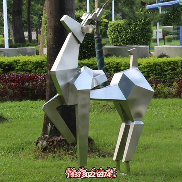 不銹鋼幾何切面鹿雕塑，優雅動物景觀擺件