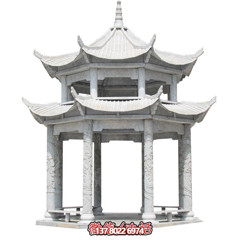 精美大理石雙層柱涼亭，雕塑點綴休息亭