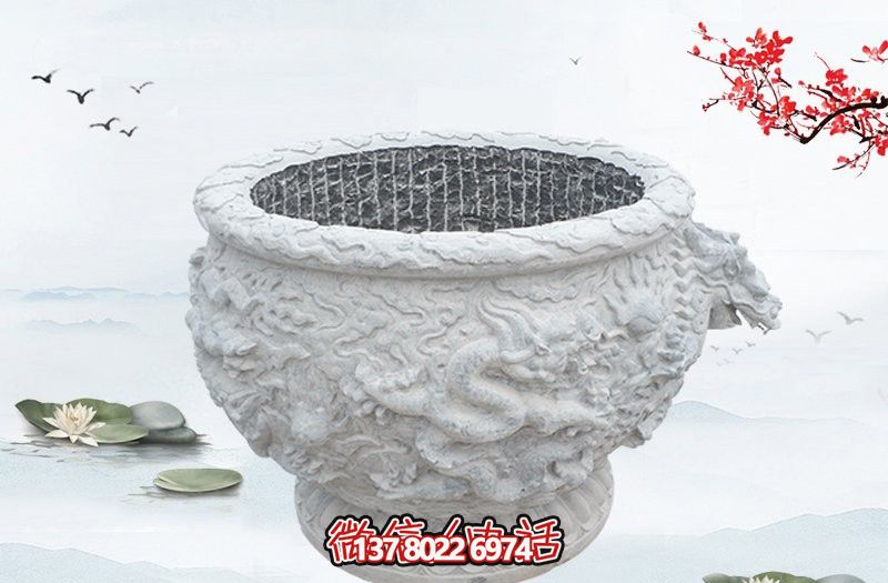 漢白玉石雕龍浮雕水缸雕塑，為庭院增添優雅氣息