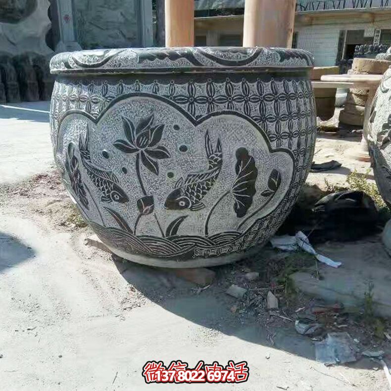 青石雙魚蓮花雕塑，養花缸精美裝飾