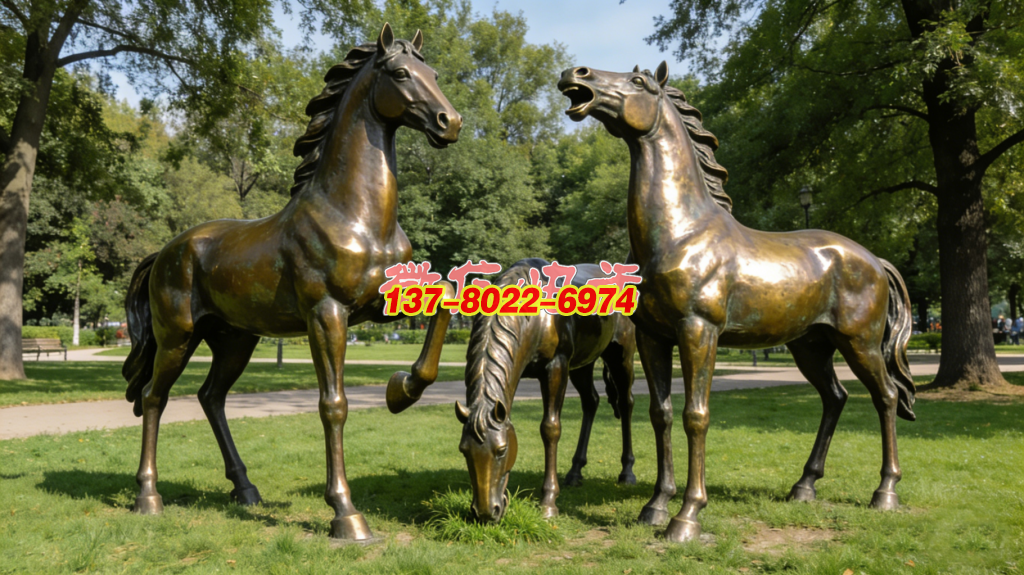 三駿和鳴：綠茵閑趣鑄銅群雕--駿馬雕塑